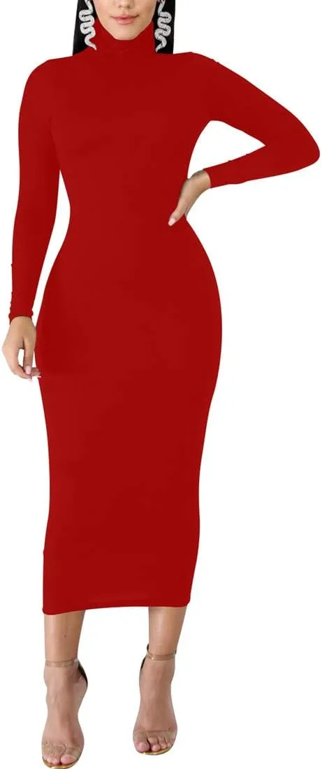BORIFLORS Women's Sexy Basic Long Sleeve Turtleneck Bodycon Party Long Pencil Dress