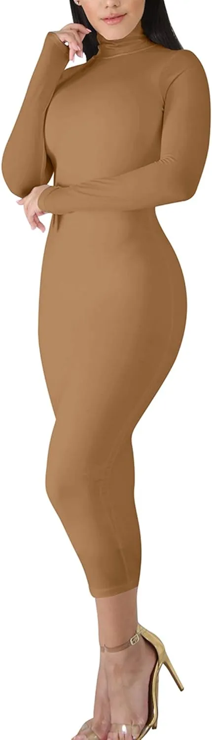 BORIFLORS Women's Sexy Basic Long Sleeve Turtleneck Bodycon Party Long Pencil Dress