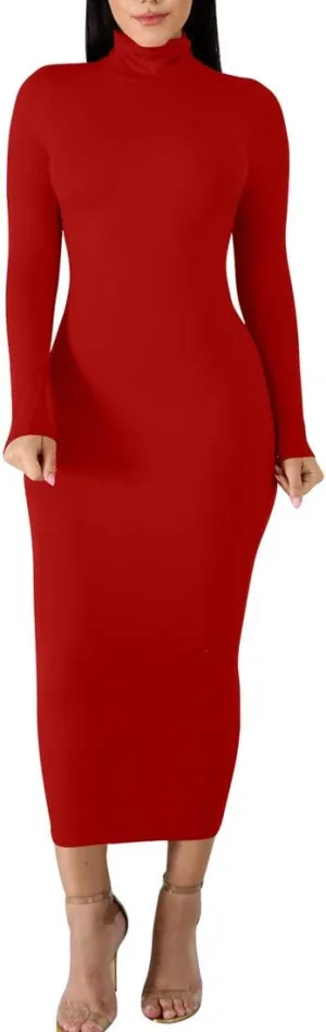 BORIFLORS Women's Sexy Basic Long Sleeve Turtleneck Bodycon Party Long Pencil Dress