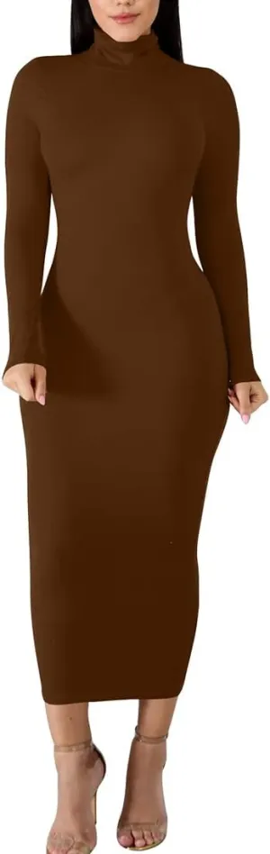 BORIFLORS Women's Sexy Basic Long Sleeve Turtleneck Bodycon Party Long Pencil Dress