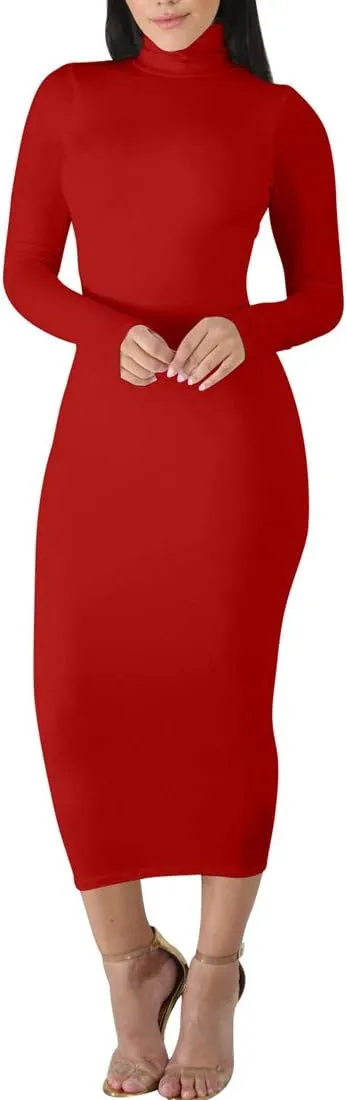 BORIFLORS Women's Sexy Basic Long Sleeve Turtleneck Bodycon Party Long Pencil Dress
