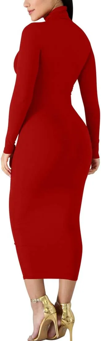 BORIFLORS Women's Sexy Basic Long Sleeve Turtleneck Bodycon Party Long Pencil Dress