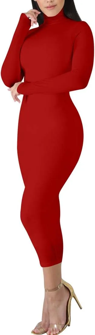 BORIFLORS Women's Sexy Basic Long Sleeve Turtleneck Bodycon Party Long Pencil Dress