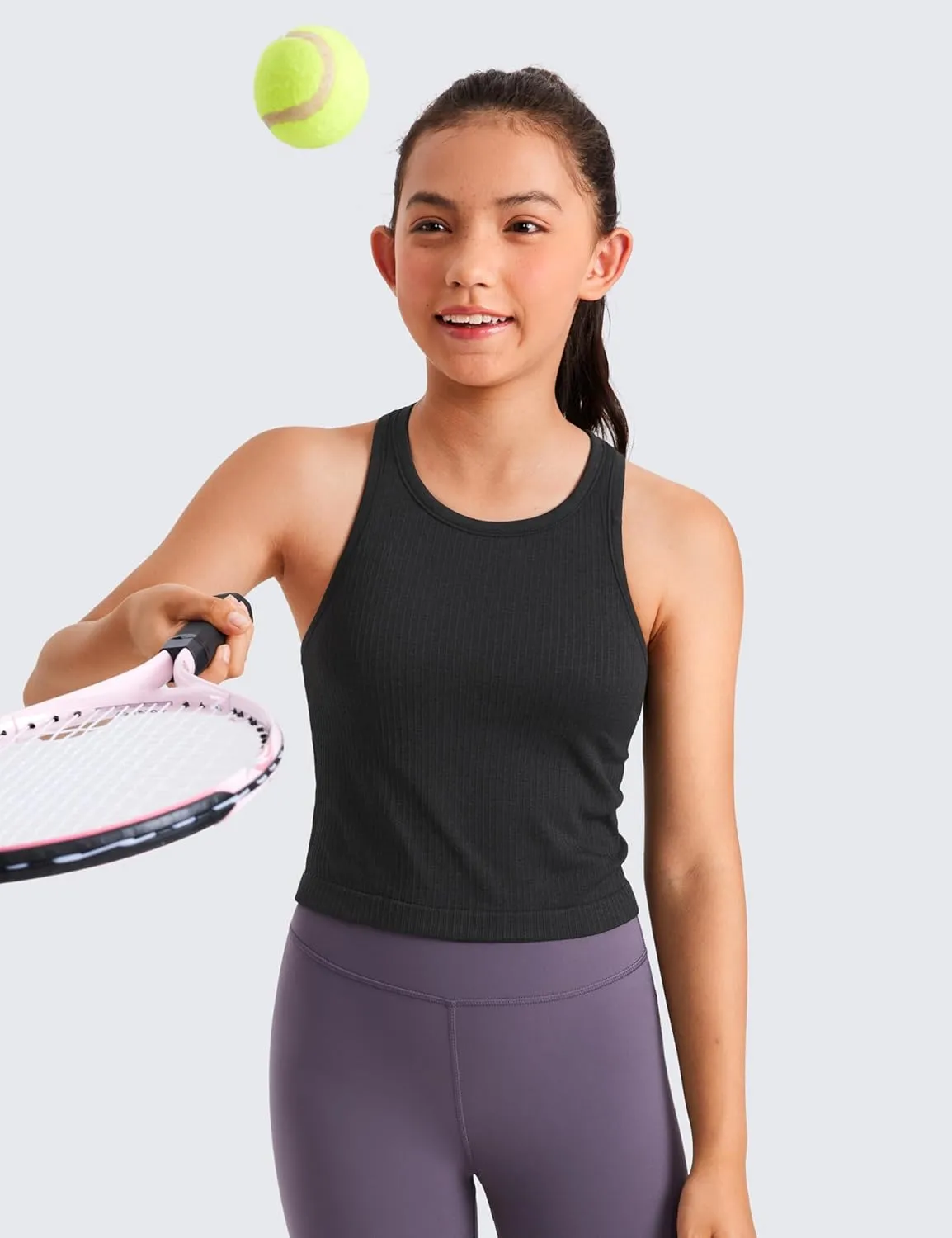 CRZ YOGA Girls Seamless Ribbed Longline Sports Bra - High Neck Racerback for Teens Kids Training Yoga Dance Crop Top