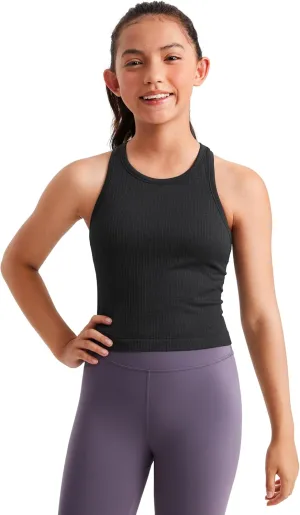 CRZ YOGA Girls Seamless Ribbed Longline Sports Bra - High Neck Racerback for Teens Kids Training Yoga Dance Crop Top