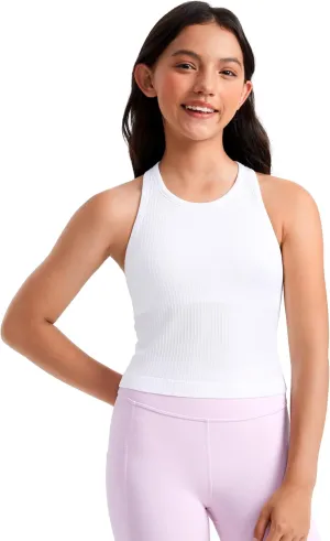 CRZ YOGA Girls Seamless Ribbed Longline Sports Bra - High Neck Racerback for Teens Kids Training Yoga Dance Crop Top