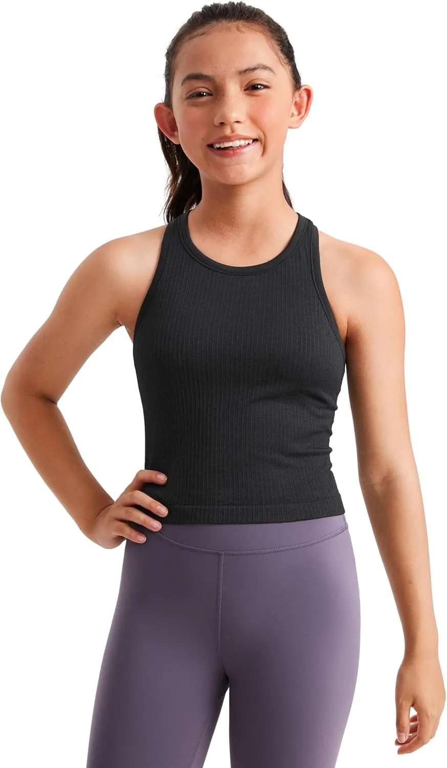 CRZ YOGA Girls Seamless Ribbed Longline Sports Bra - High Neck Racerback for Teens Kids Training Yoga Dance Crop Top