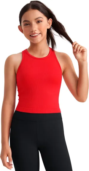 CRZ YOGA Girls Seamless Ribbed Longline Sports Bra - High Neck Racerback for Teens Kids Training Yoga Dance Crop Top