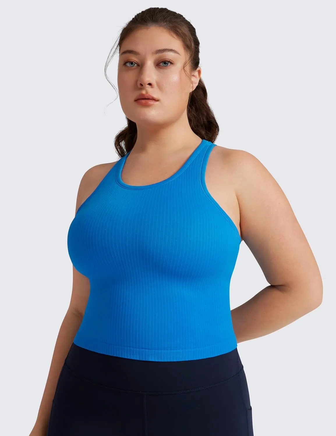 CRZ YOGA Womens Seamless Ribbed Longline High Neck Sports Bra - Racerback Padded Slim Fit Crop Tank Top with Built in Pads