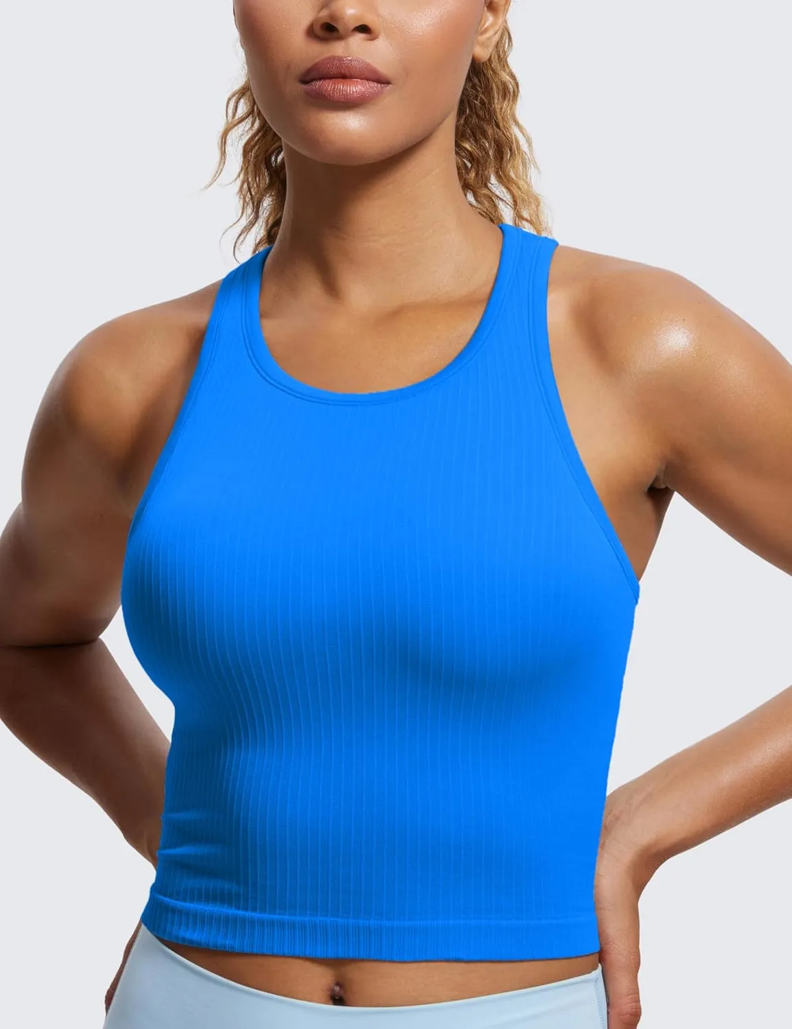 CRZ YOGA Womens Seamless Ribbed Longline High Neck Sports Bra - Racerback Padded Slim Fit Crop Tank Top with Built in Pads