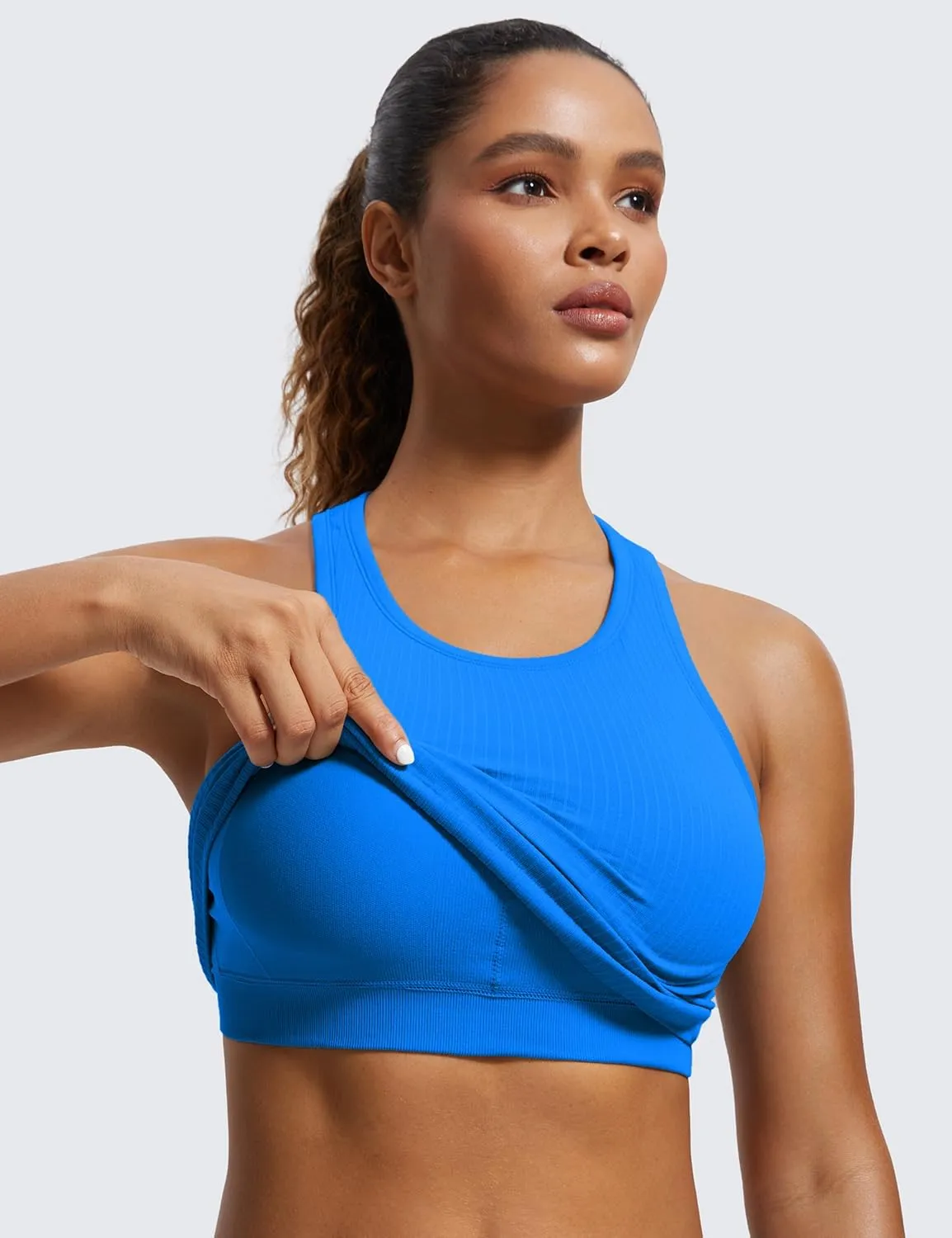 CRZ YOGA Womens Seamless Ribbed Longline High Neck Sports Bra - Racerback Padded Slim Fit Crop Tank Top with Built in Pads