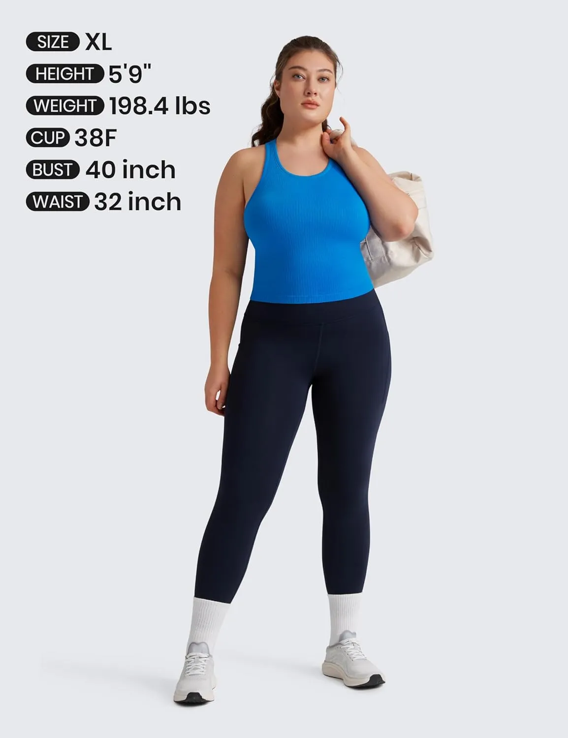 CRZ YOGA Womens Seamless Ribbed Longline High Neck Sports Bra - Racerback Padded Slim Fit Crop Tank Top with Built in Pads