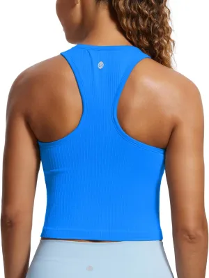 CRZ YOGA Womens Seamless Ribbed Longline High Neck Sports Bra - Racerback Padded Slim Fit Crop Tank Top with Built in Pads