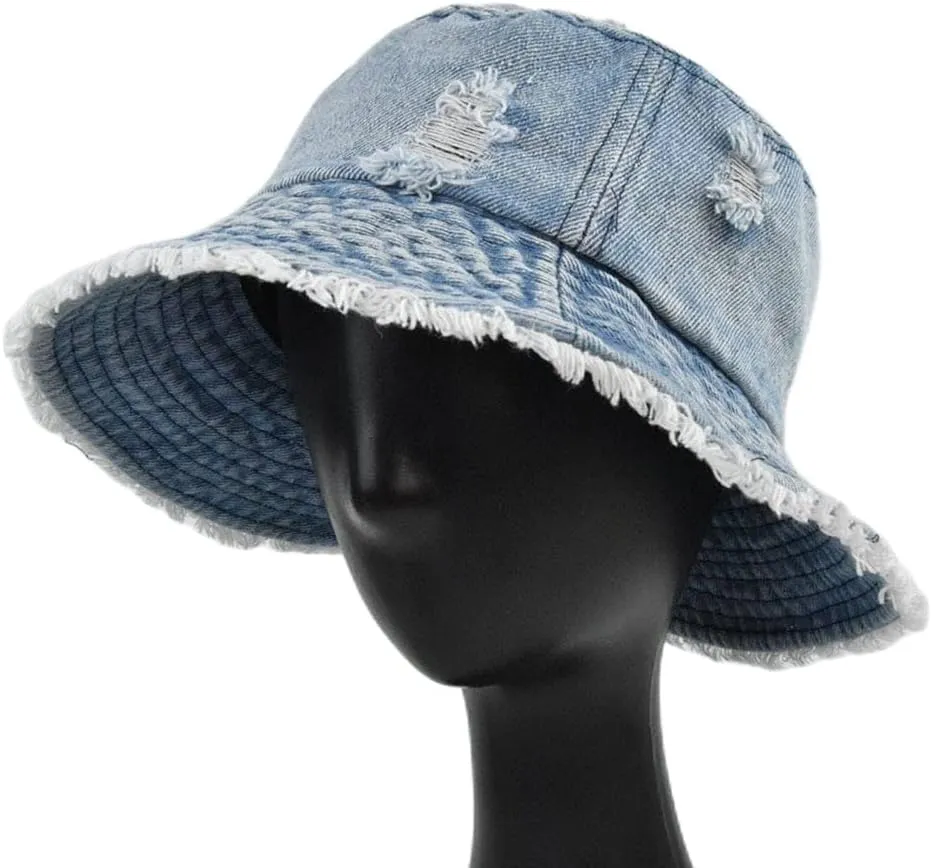 Distressed Denim Bucket Hat Ripped Frayed Edge Sun Hat for Women Men