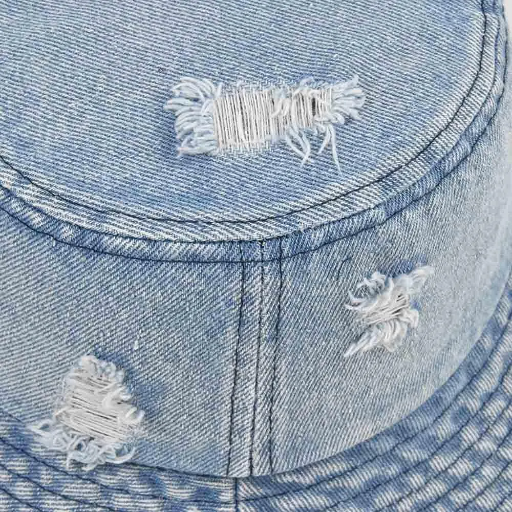 Distressed Denim Bucket Hat Ripped Frayed Edge Sun Hat for Women Men