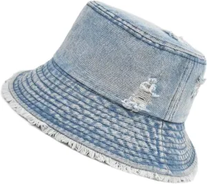 Distressed Denim Bucket Hat Ripped Frayed Edge Sun Hat for Women Men