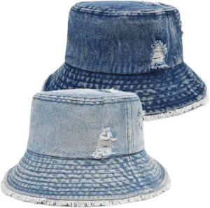 Distressed Denim Bucket Hat Ripped Frayed Edge Sun Hat for Women Men