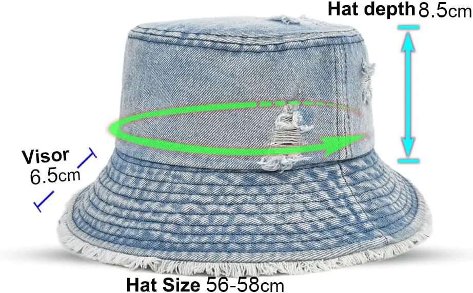Distressed Denim Bucket Hat Ripped Frayed Edge Sun Hat for Women Men