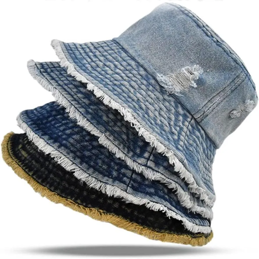 Distressed Denim Bucket Hat Ripped Frayed Edge Sun Hat for Women Men