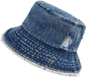 Distressed Denim Bucket Hat Ripped Frayed Edge Sun Hat for Women Men