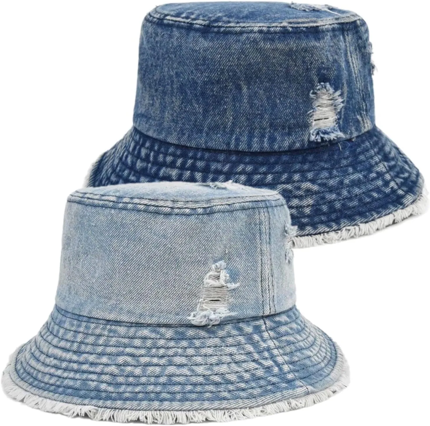 Distressed Denim Bucket Hat Ripped Frayed Edge Sun Hat for Women Men