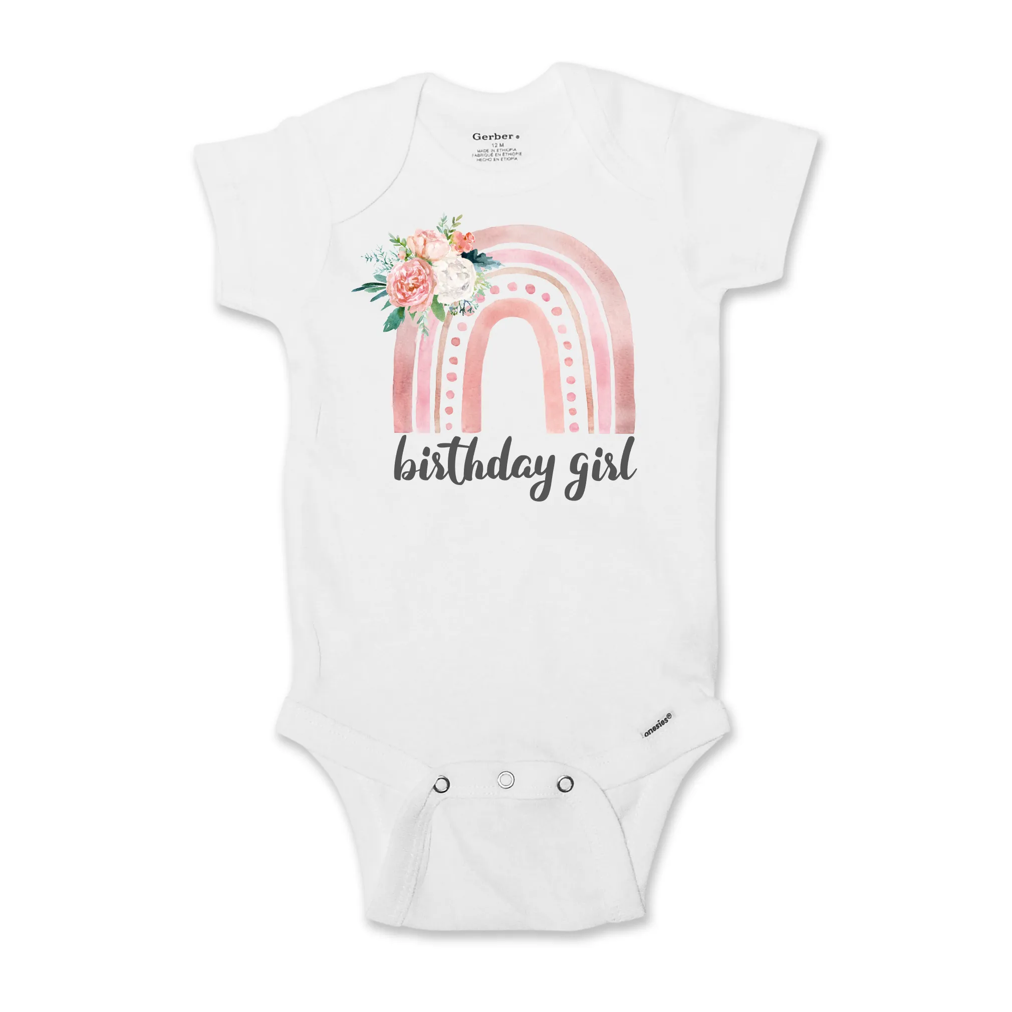First Birthday Girl Bodysuit in Pink Floral Rainbow, Short or Long Sleeve 711