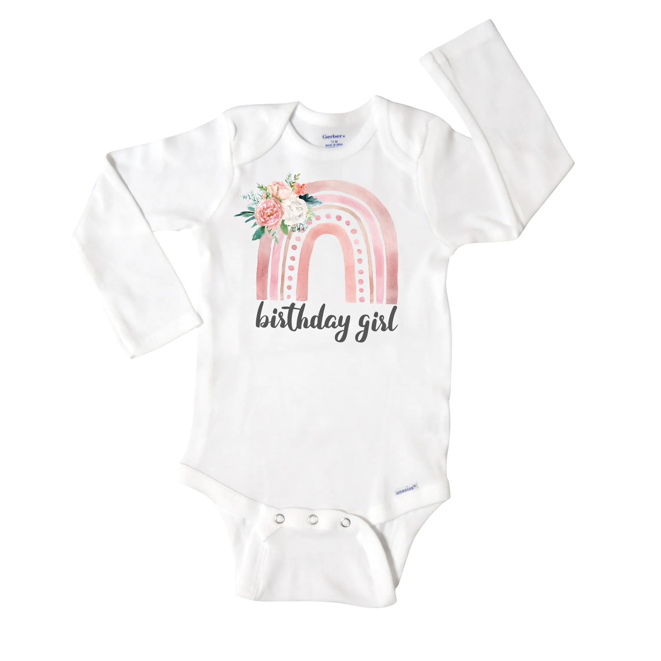 First Birthday Girl Bodysuit in Pink Floral Rainbow, Short or Long Sleeve 711
