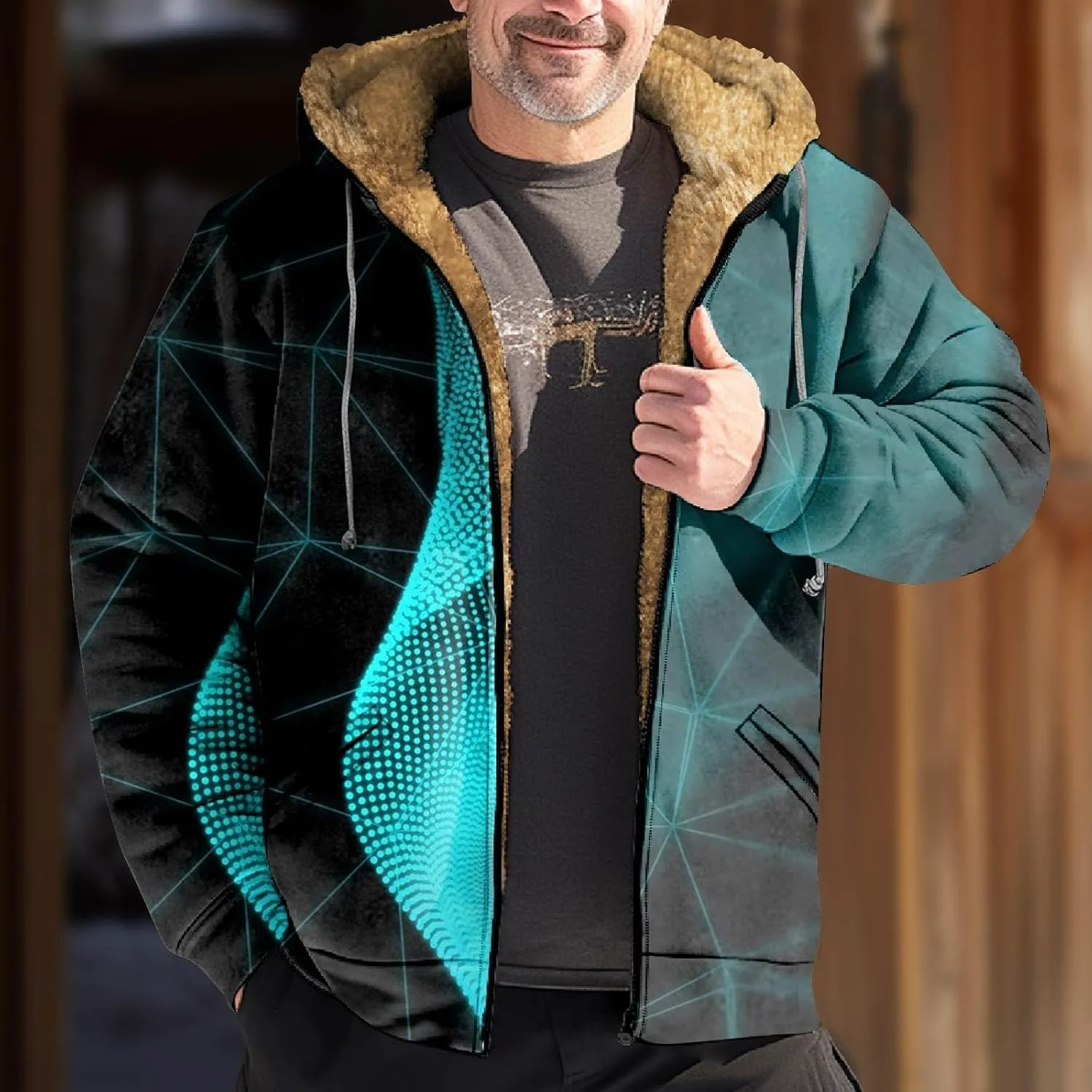 Flannel Jacket for Mens Long Sleeve Sherpa Fleece Lined Jackets Vintage Print Zipper Hoodies Thick Warm Coats