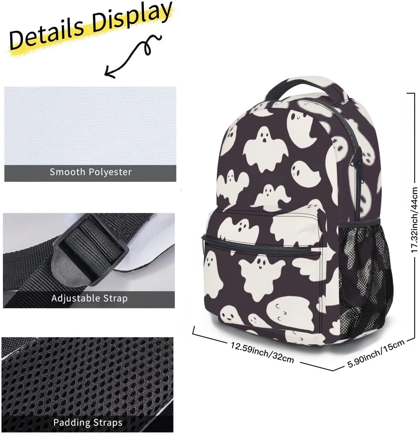 Funny Ghost Spooky Backpack With Adjustable Padded Shoulder Straps 17 Inch Daypacks For College Travel
