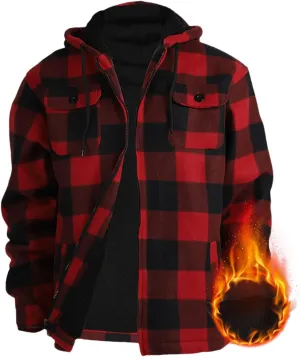 Heavy Thick Flannel Plaid Jacket Sherpa Fleece Lined Hoodies for Men Zip Up Warm Winter Coat Big&Tall Mens Coat Hooded