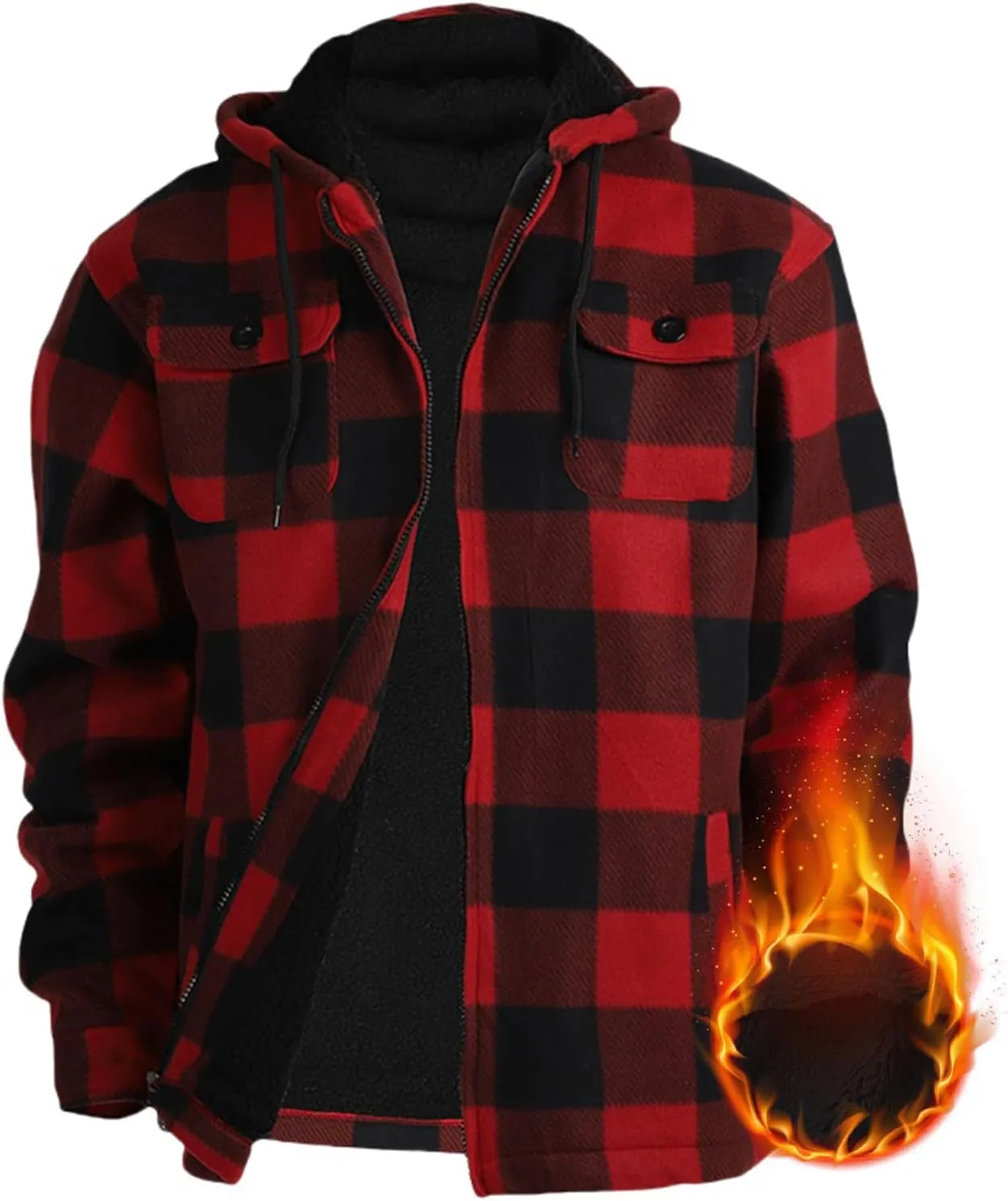 Heavy Thick Flannel Plaid Jacket Sherpa Fleece Lined Hoodies for Men Zip Up Warm Winter Coat Big&Tall Mens Coat Hooded