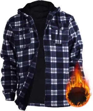 Heavy Thick Flannel Plaid Jacket Sherpa Fleece Lined Hoodies for Men Zip Up Warm Winter Coat Big&Tall Mens Coat Hooded