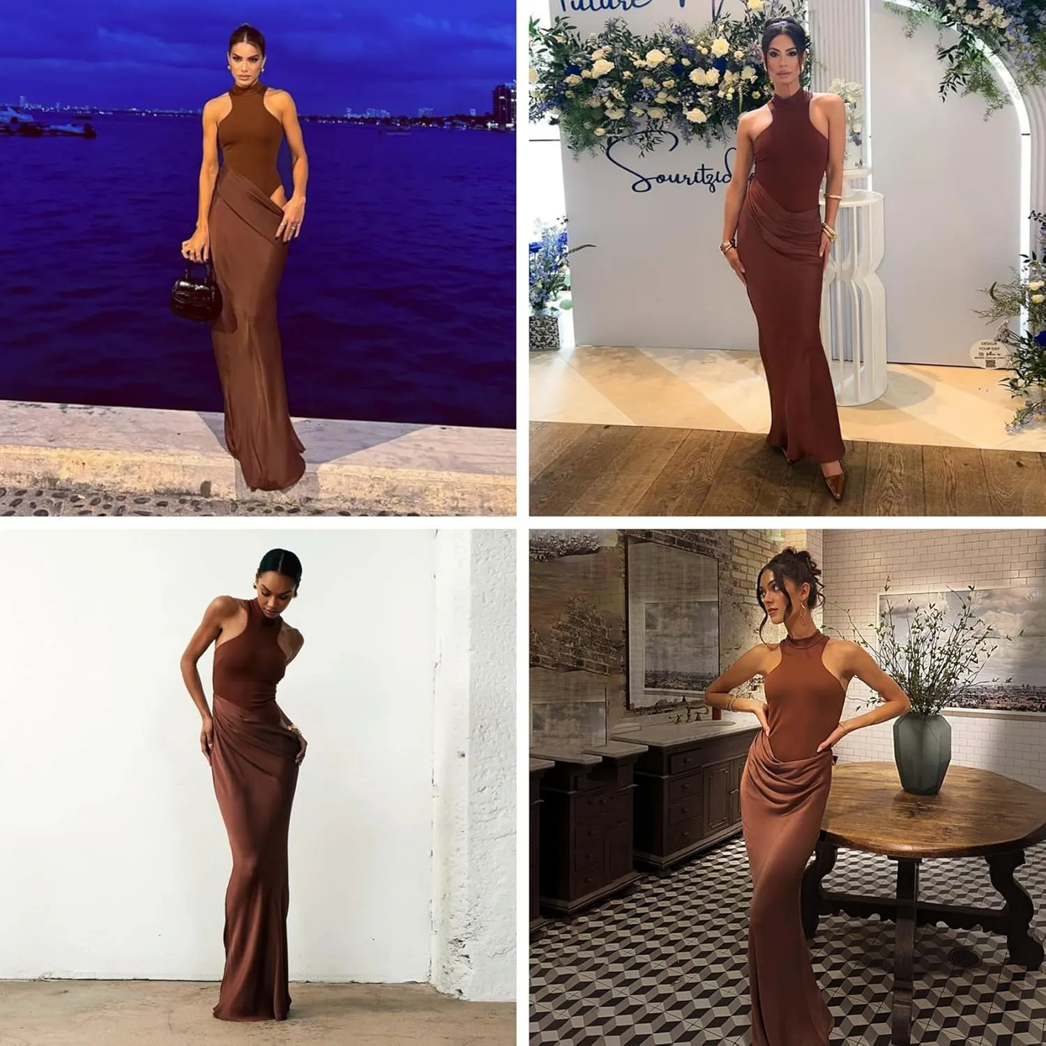 JUMISEE Women's Elegant Pleated Satin Maxi Dress Sexy Mock Neck Hollow Out Long Dress Flowy Cocktail Party Evening Dress