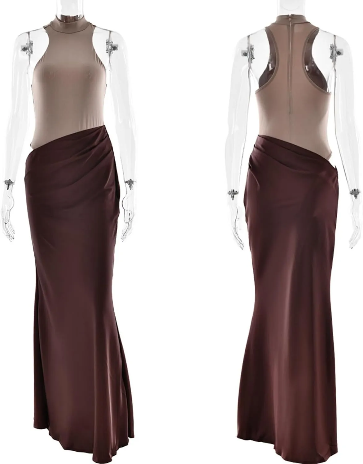 JUMISEE Women's Elegant Pleated Satin Maxi Dress Sexy Mock Neck Hollow Out Long Dress Flowy Cocktail Party Evening Dress