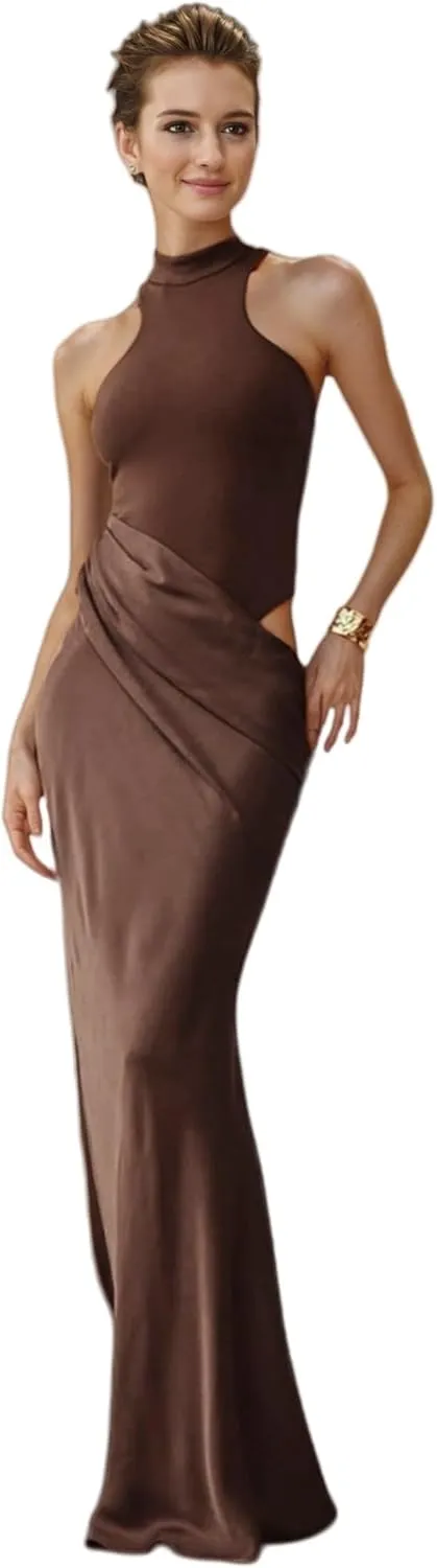 JUMISEE Women's Elegant Pleated Satin Maxi Dress Sexy Mock Neck Hollow Out Long Dress Flowy Cocktail Party Evening Dress