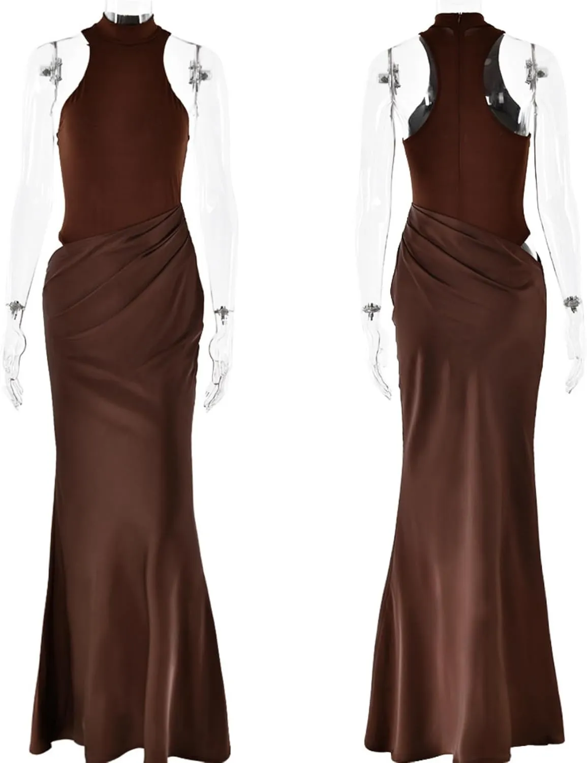 JUMISEE Women's Elegant Pleated Satin Maxi Dress Sexy Mock Neck Hollow Out Long Dress Flowy Cocktail Party Evening Dress