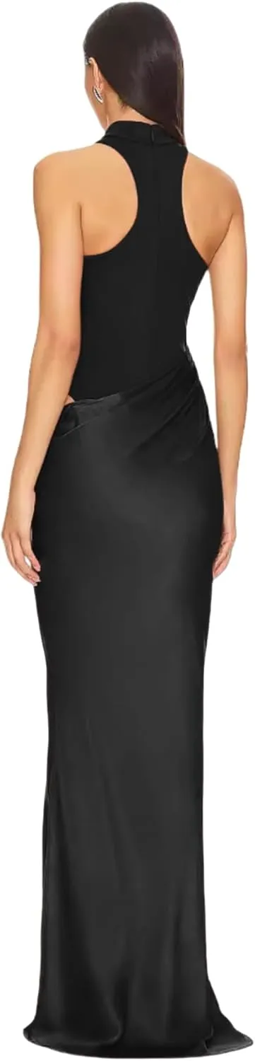 JUMISEE Women's Elegant Pleated Satin Maxi Dress Sexy Mock Neck Hollow Out Long Dress Flowy Cocktail Party Evening Dress