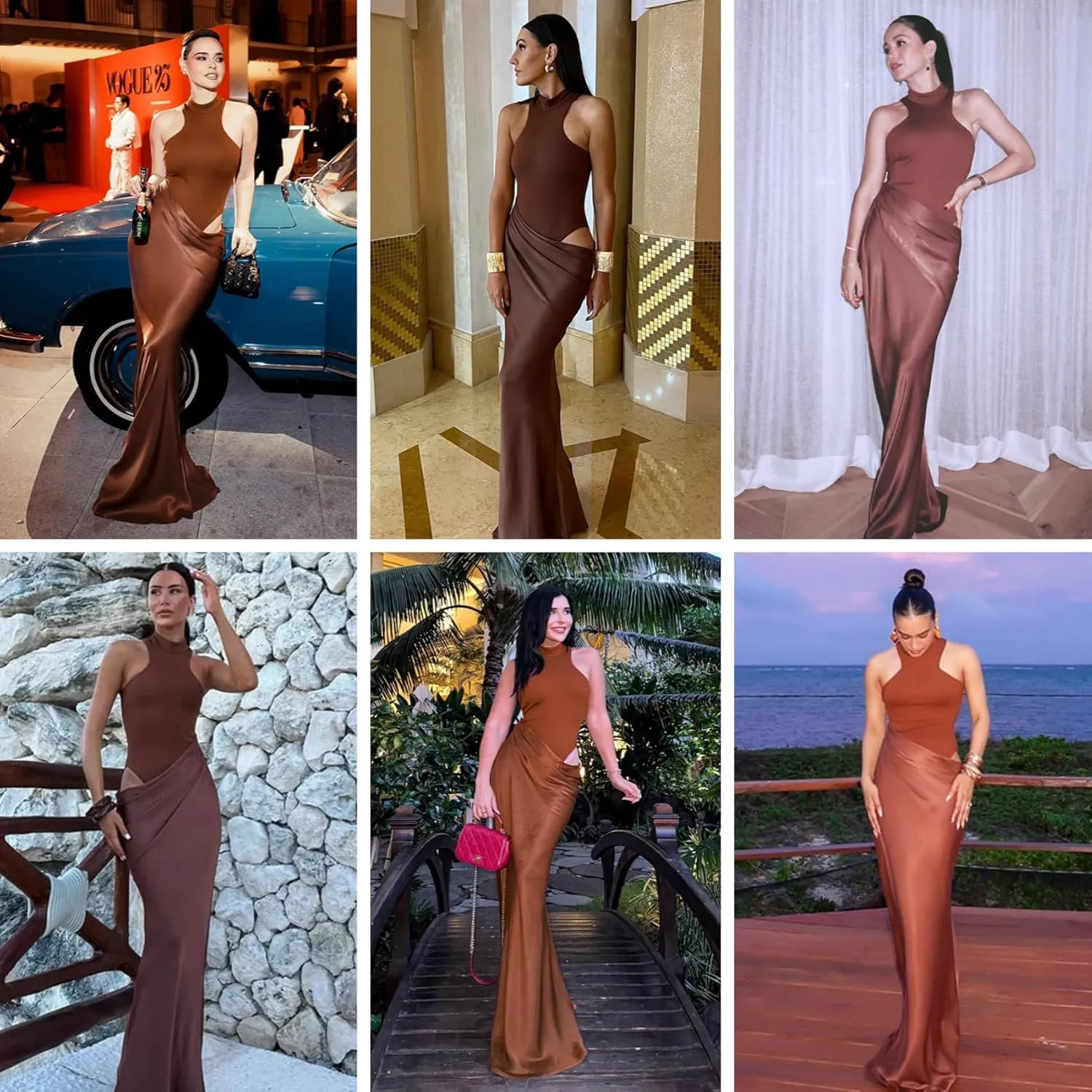 JUMISEE Women's Elegant Pleated Satin Maxi Dress Sexy Mock Neck Hollow Out Long Dress Flowy Cocktail Party Evening Dress