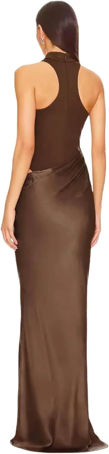 JUMISEE Women's Elegant Pleated Satin Maxi Dress Sexy Mock Neck Hollow Out Long Dress Flowy Cocktail Party Evening Dress