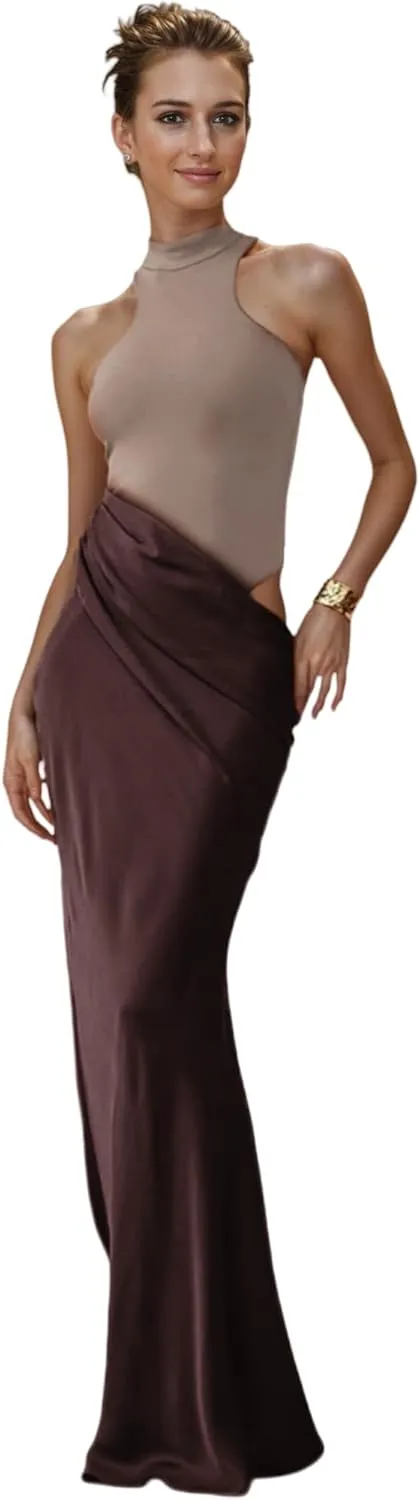JUMISEE Women's Elegant Pleated Satin Maxi Dress Sexy Mock Neck Hollow Out Long Dress Flowy Cocktail Party Evening Dress