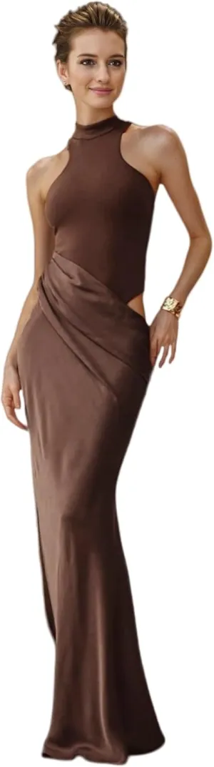 JUMISEE Women's Elegant Pleated Satin Maxi Dress Sexy Mock Neck Hollow Out Long Dress Flowy Cocktail Party Evening Dress