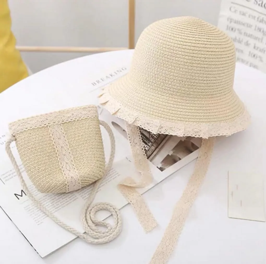Kids Sun Hat Girls Lace Straw Hat Bucket Cap with Mini Cross Body Straw Bag Summer Beach Straw Hat Outdoor Travel