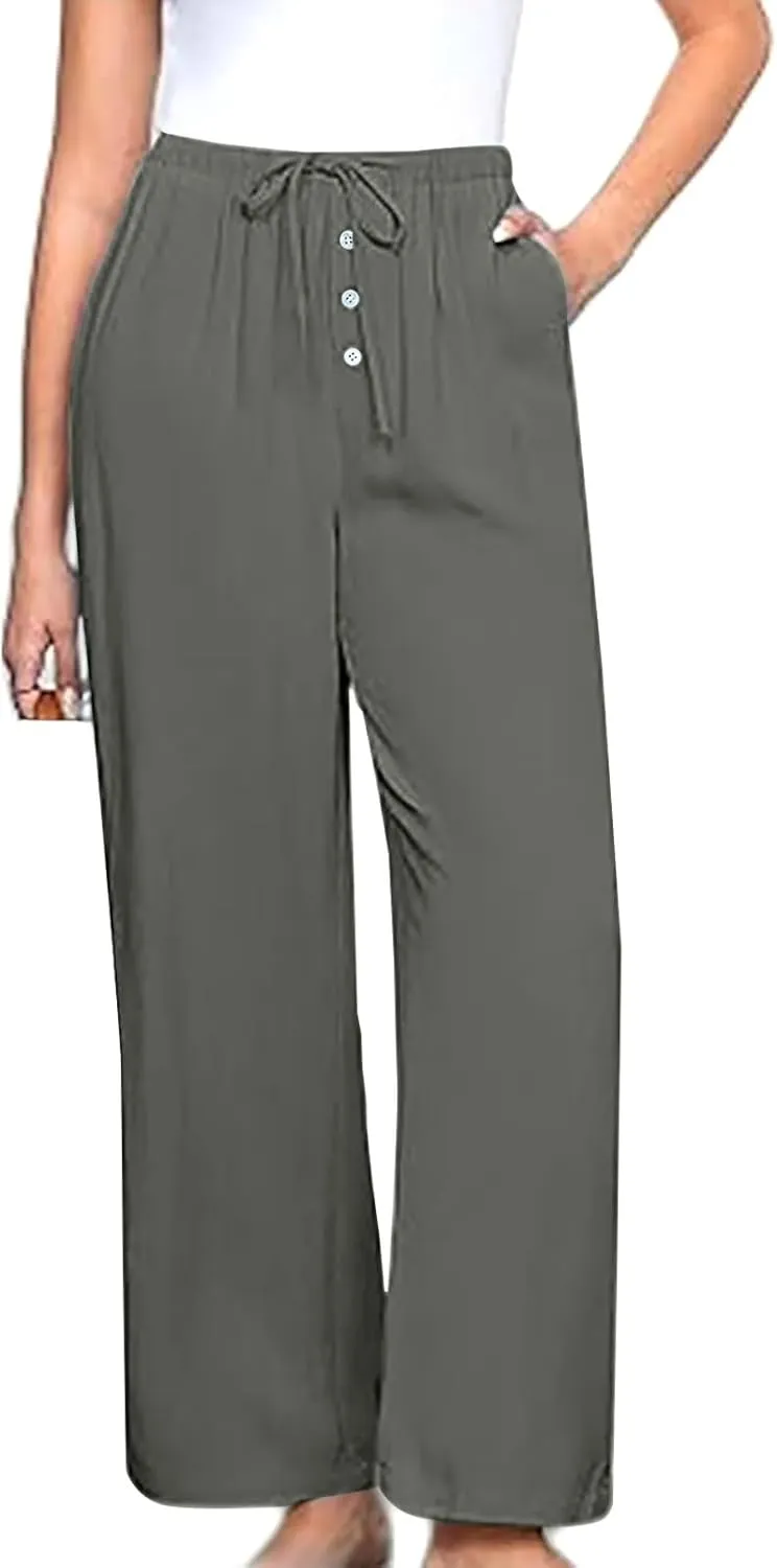 Linen Pants Women Drawstring High Waisted Wide Leg Cotton Baggy Trousers 2025 Summer Casual Bell Pant with Pockets