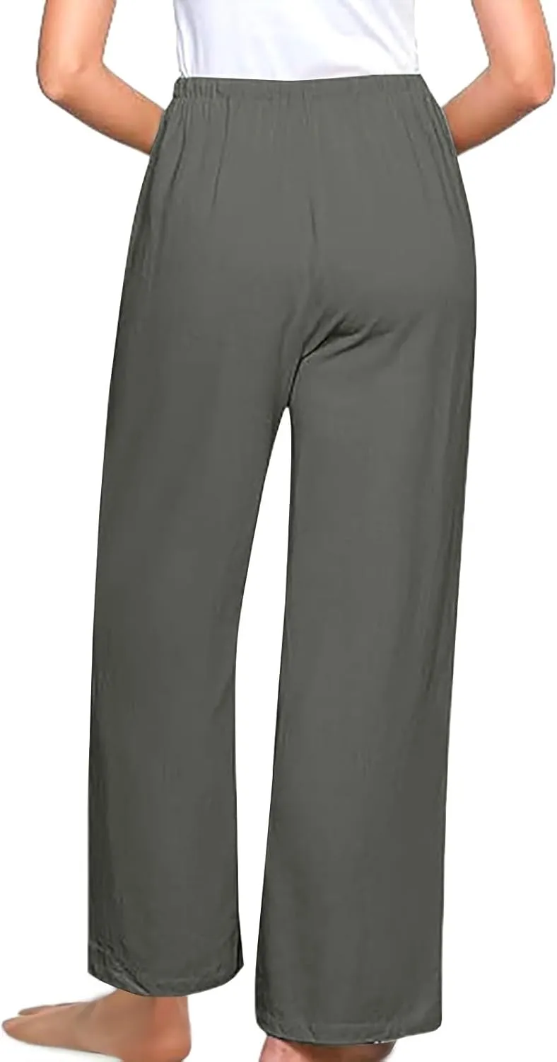 Linen Pants Women Drawstring High Waisted Wide Leg Cotton Baggy Trousers 2025 Summer Casual Bell Pant with Pockets