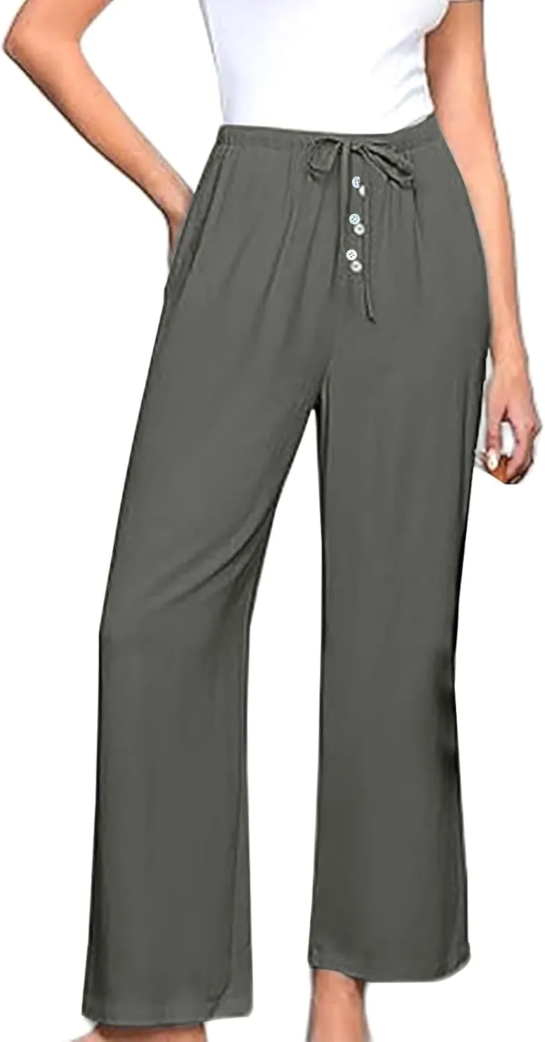 Linen Pants Women Drawstring High Waisted Wide Leg Cotton Baggy Trousers 2025 Summer Casual Bell Pant with Pockets