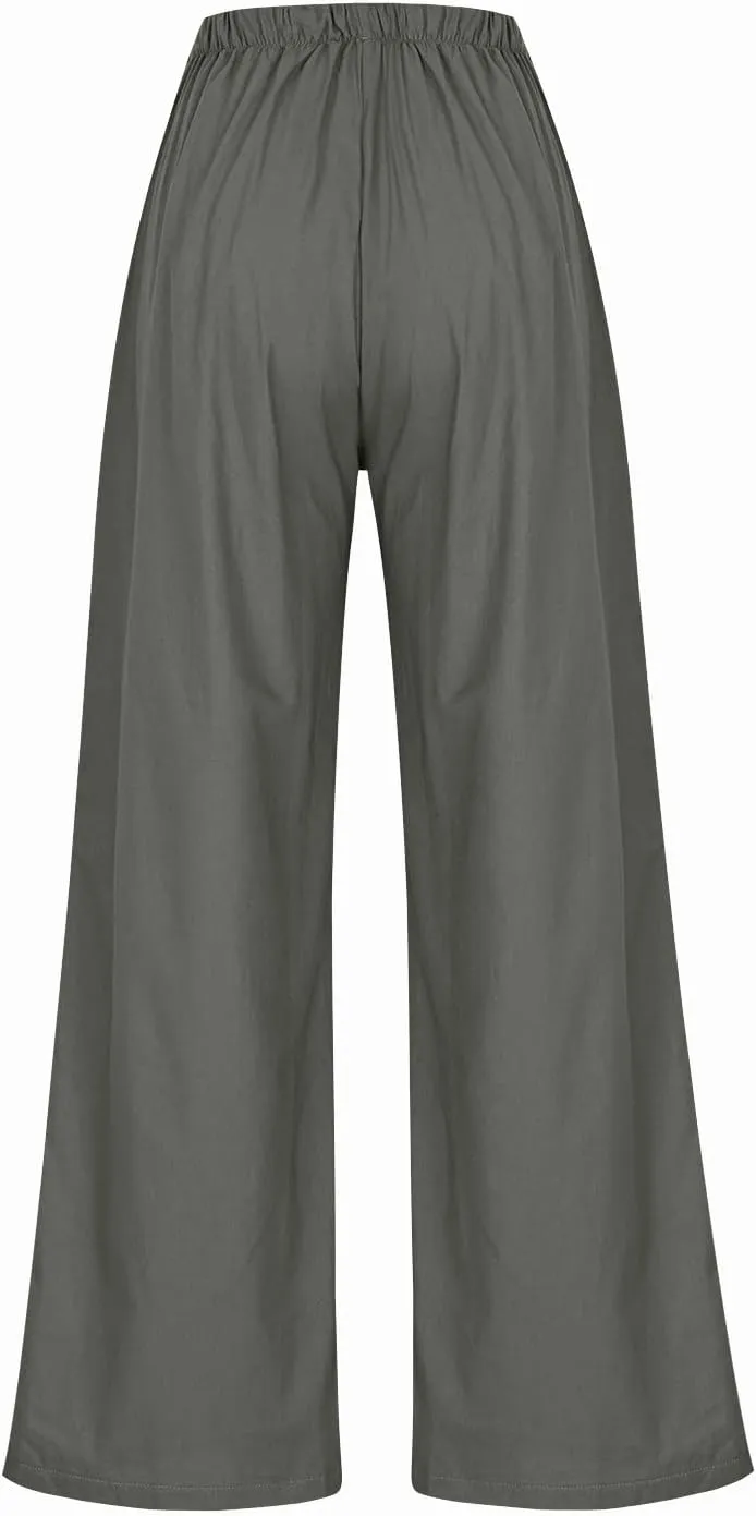 Linen Pants Women Drawstring High Waisted Wide Leg Cotton Baggy Trousers 2025 Summer Casual Bell Pant with Pockets