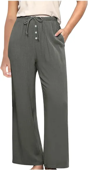 Linen Pants Women Drawstring High Waisted Wide Leg Cotton Baggy Trousers 2025 Summer Casual Bell Pant with Pockets