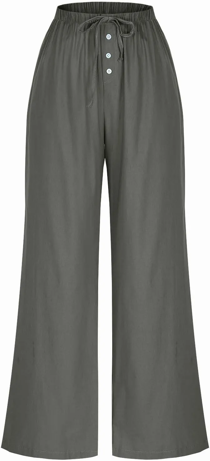 Linen Pants Women Drawstring High Waisted Wide Leg Cotton Baggy Trousers 2025 Summer Casual Bell Pant with Pockets