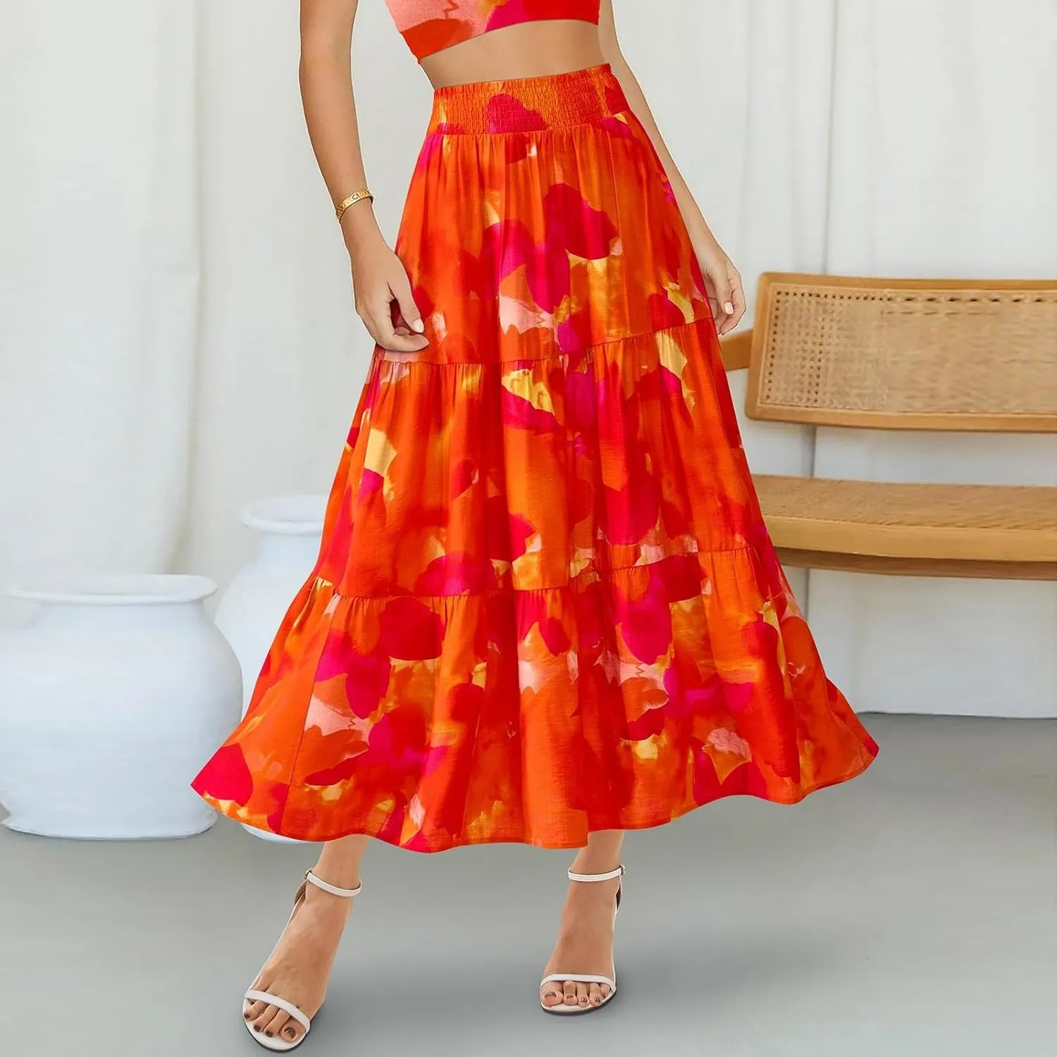Long Skirts for Women Trendy Summer High Waisted Flowy Tiered Floral Maxi Skirts Casual A-Line Pleated Boho Skirt
