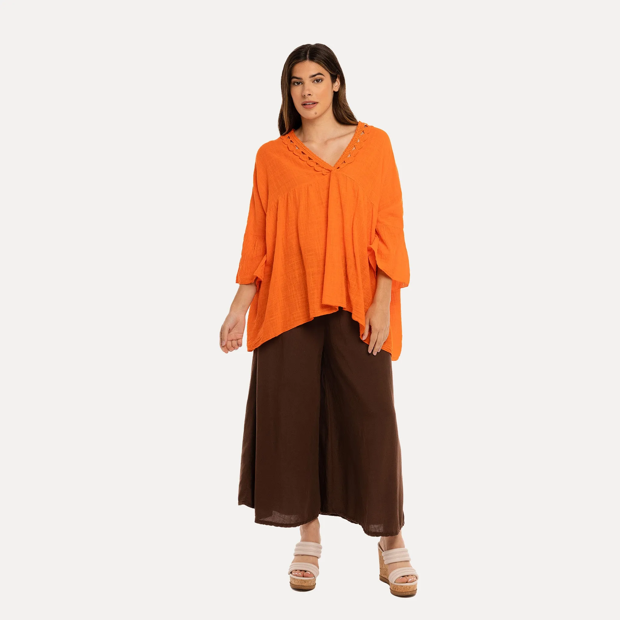 M Made in Italy  Women's Woven Three-Quarter Sleeve Top
